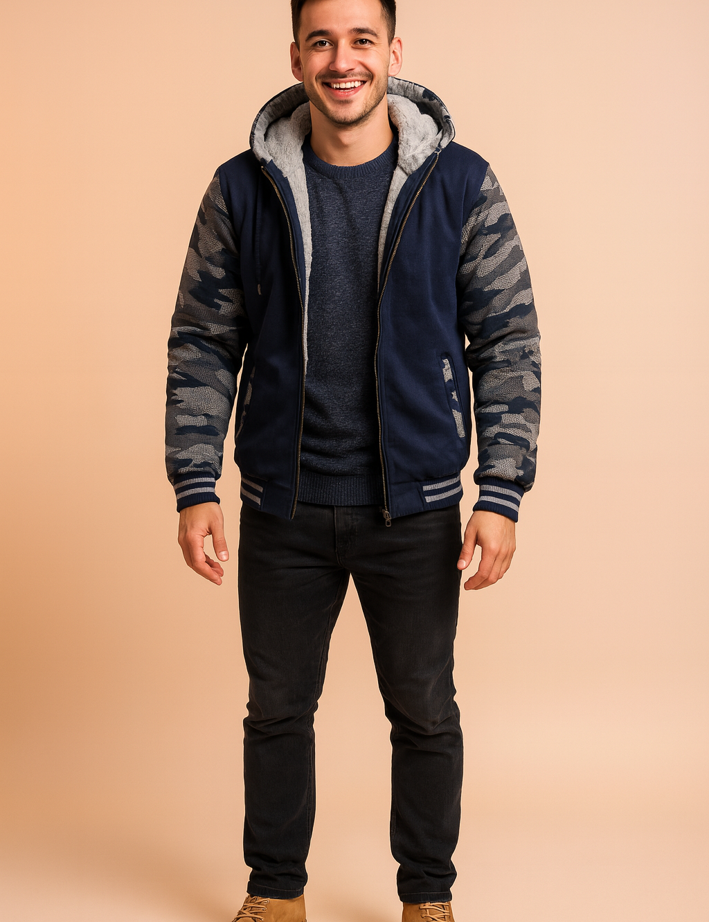 Men's navy and camo hooded jacket with faux fur lining, full zip front, ribbed cuffs and hem, styled for casual winter wear