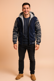 Men's navy and camo hooded jacket with faux fur lining, full zip front, ribbed cuffs and hem, styled for casual winter wear