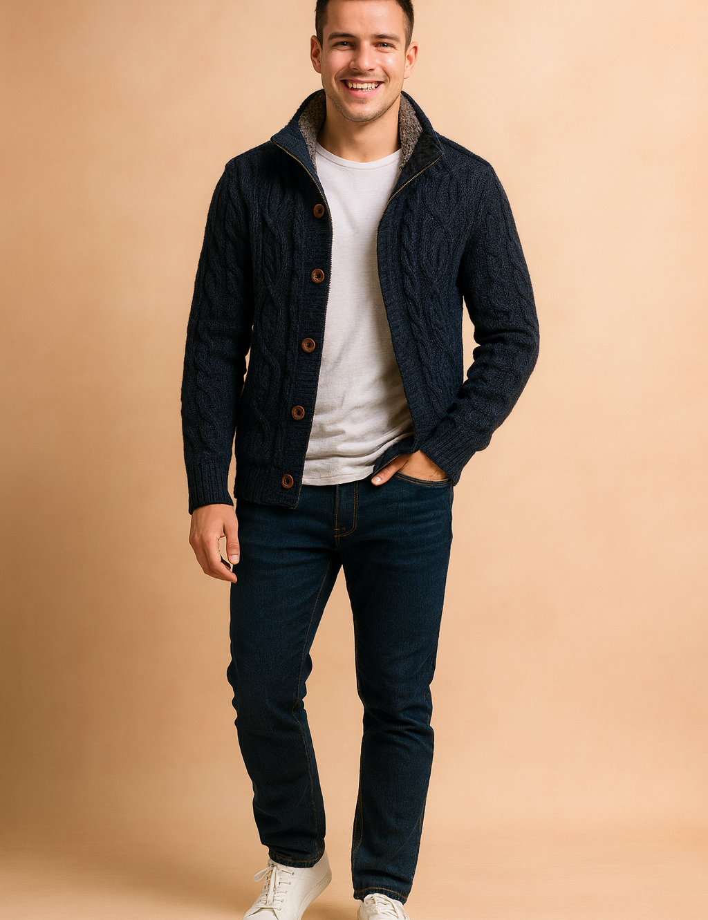Navy blue cable-knit button-up cardigan with fleece lining, styled with a white T-shirt, dark jeans, and white sneakers for a cozy casual look.