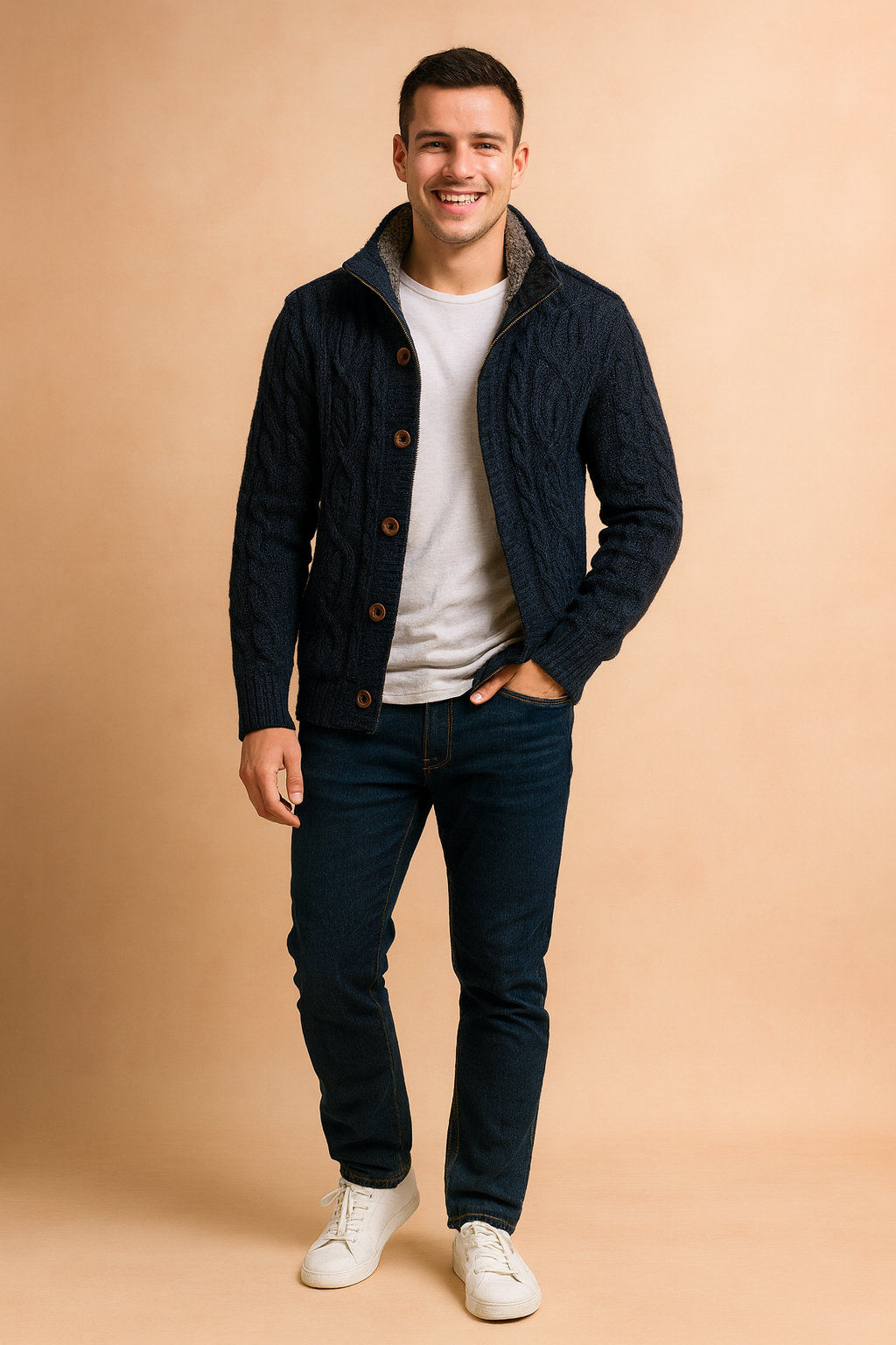 Navy blue cable-knit button-up cardigan with fleece lining, styled with a white T-shirt, dark jeans, and white sneakers for a cozy casual look.