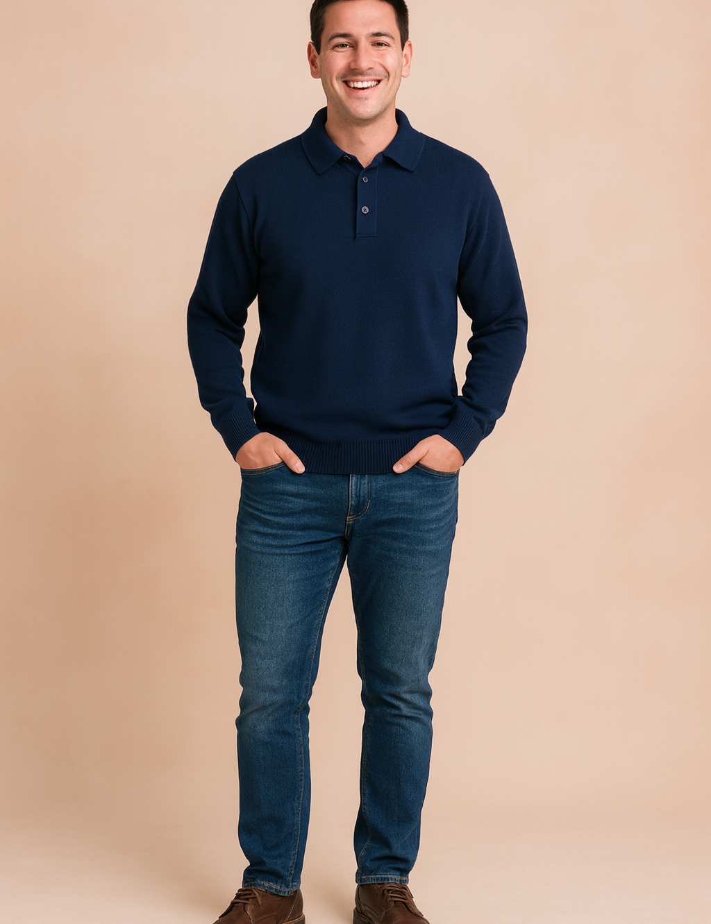 Navy blue knit polo sweater with three-button placket, ribbed cuffs and hem, long sleeves, and a textured soft fabric for modern casual wear.