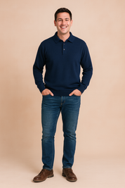 Navy blue knit polo sweater with three-button placket, ribbed cuffs and hem, long sleeves, and a textured soft fabric for modern casual wear.