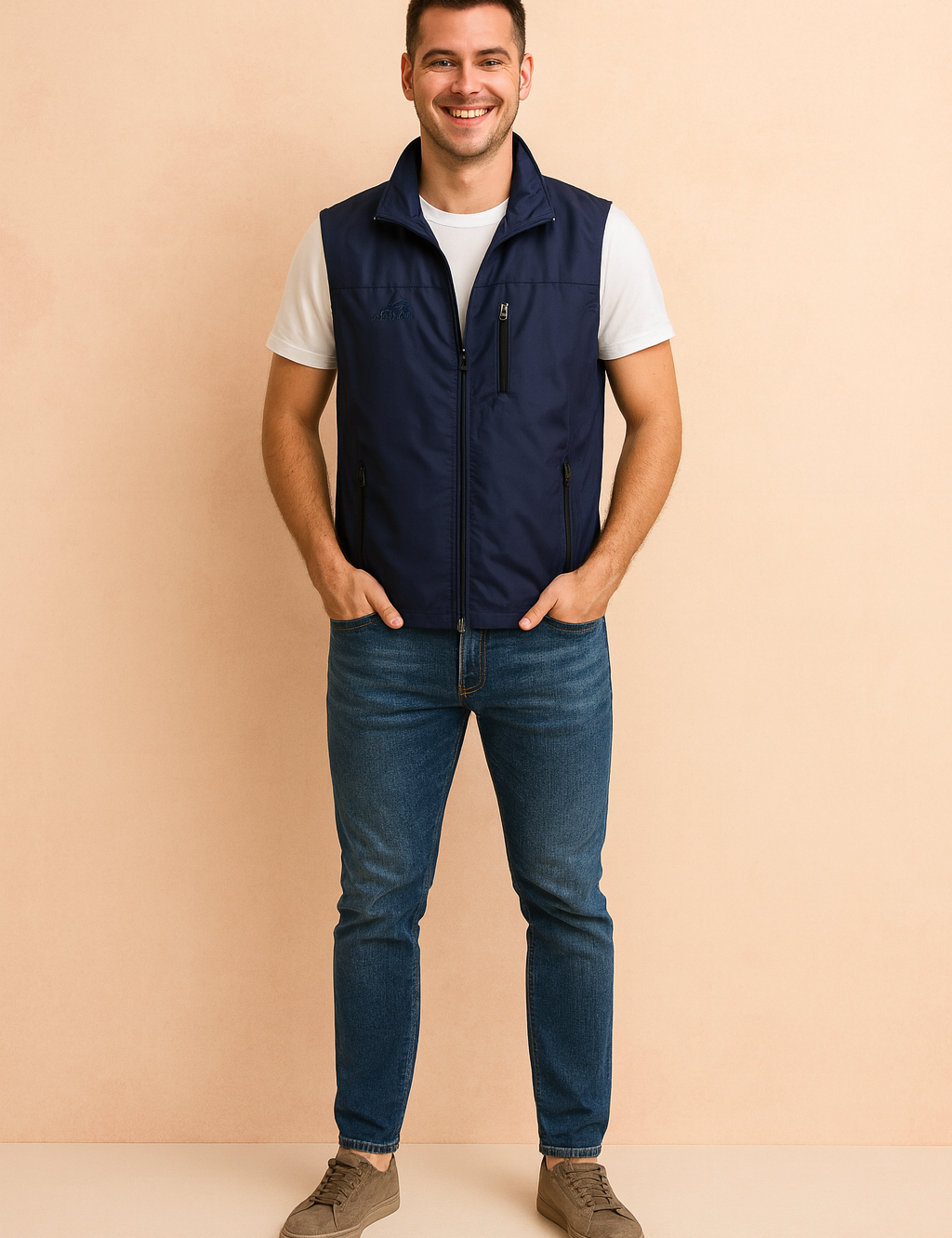 Men's navy blue outdoor vest with zippered pockets, paired with a white short-sleeve shirt, blue jeans, and taupe sneakers. The vest is designed with a sleek finish, lightweight fabric, and a straight cut for a casual yet stylish look