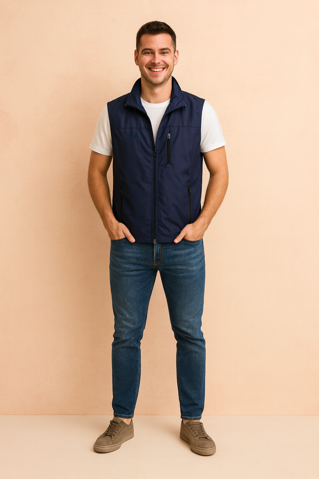 Men's navy blue outdoor vest with zippered pockets, paired with a white short-sleeve shirt, blue jeans, and taupe sneakers. The vest is designed with a sleek finish, lightweight fabric, and a straight cut for a casual yet stylish look