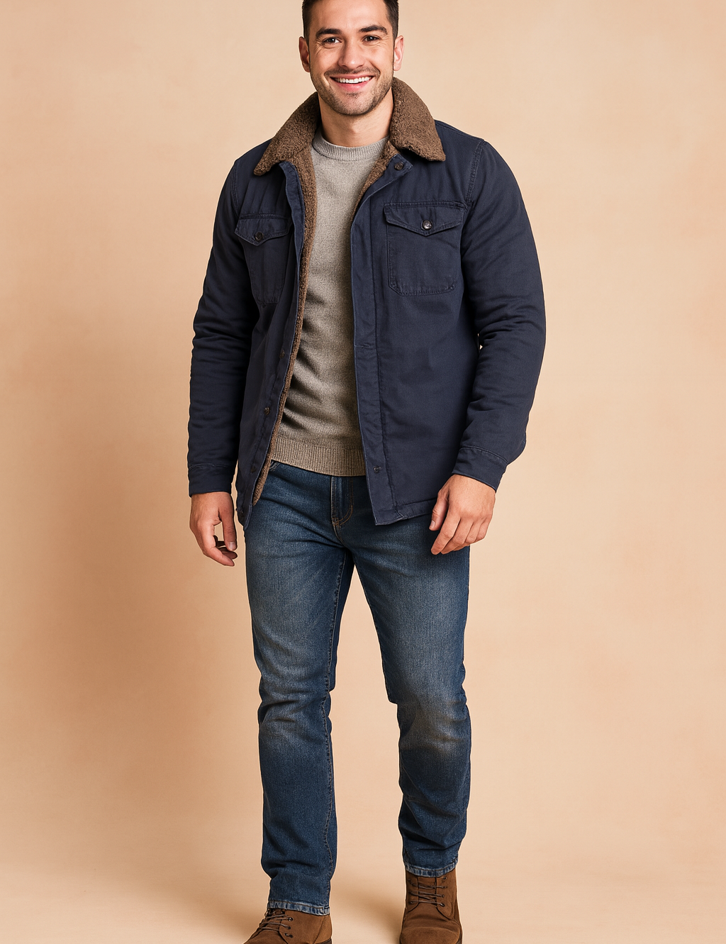 Navy blue sherpa-lined jacket with brown faux-shearling collar, paired with a light gray sweater, medium wash jeans, and brown suede boots for a casual winter look