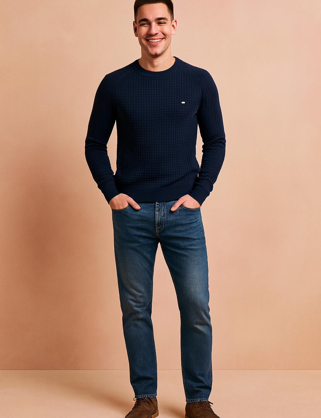 Navy blue textured crewneck sweater with ribbed cuffs and hem, designed for a modern and stylish casual look.