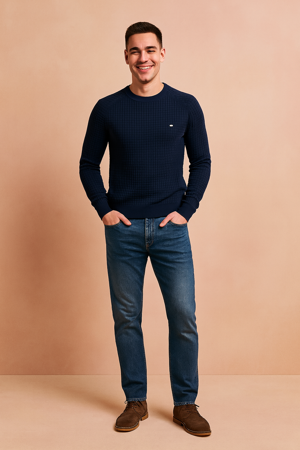 Navy blue textured crewneck sweater with ribbed cuffs and hem, designed for a modern and stylish casual look.