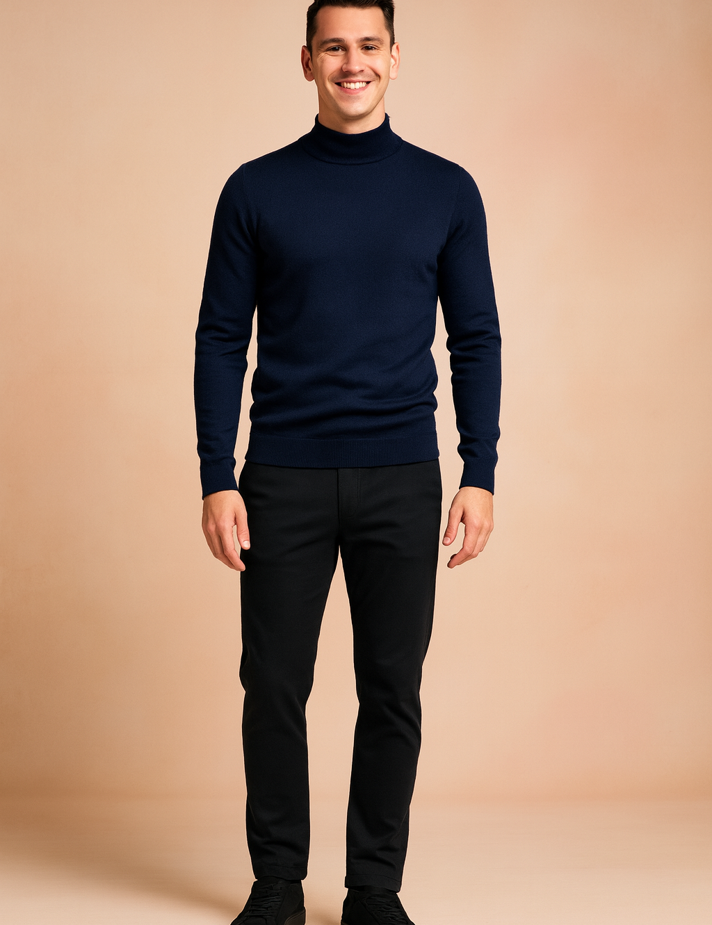 Navy blue slim-fit turtleneck sweater for men with ribbed cuffs and hem, styled in a sleek, minimal design for a modern elegant look.