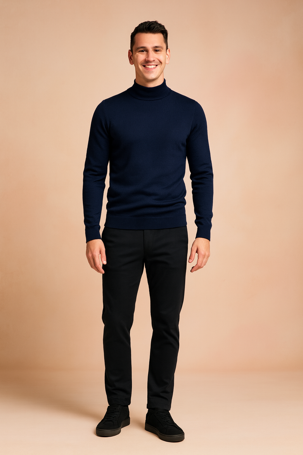 Navy blue slim-fit turtleneck sweater for men with ribbed cuffs and hem, styled in a sleek, minimal design for a modern elegant look.