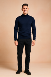 Navy blue slim-fit turtleneck sweater for men with ribbed cuffs and hem, styled in a sleek, minimal design for a modern elegant look.