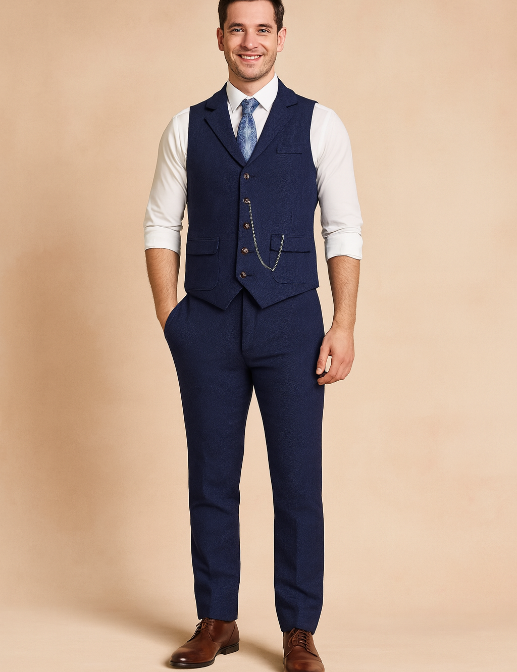 Elegant navy vintage-style men’s waistcoat with classic button closure, tailored fit, flap pockets, and a paisley tie, designed for formal and semi-formal occasions.