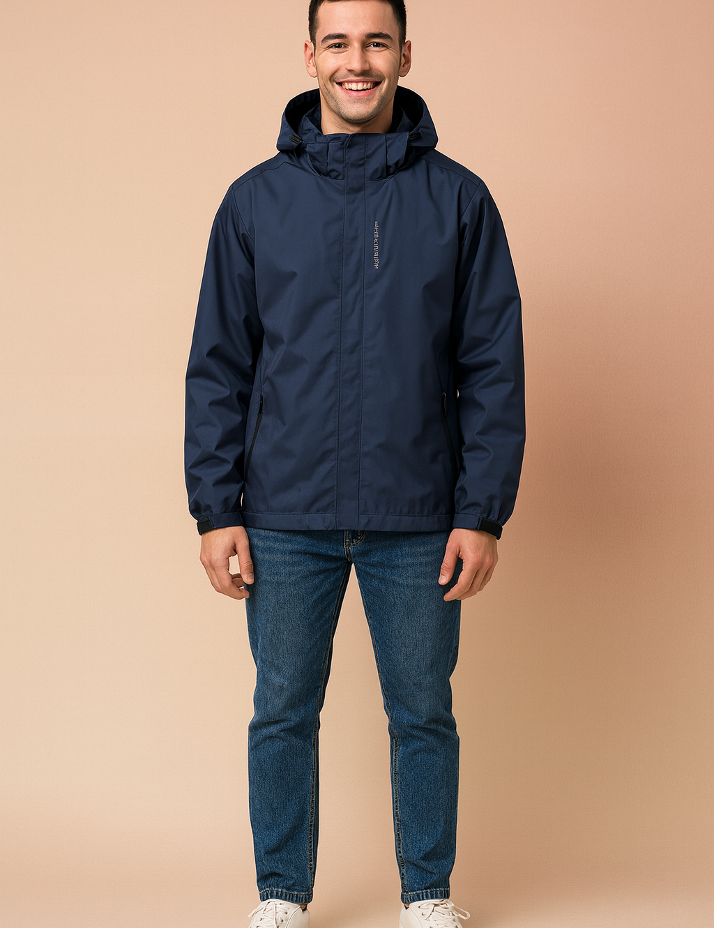 Navy blue waterproof hooded jacket with full front zip, adjustable cuffs, and side zip pockets, designed for comfort and outdoor wear.