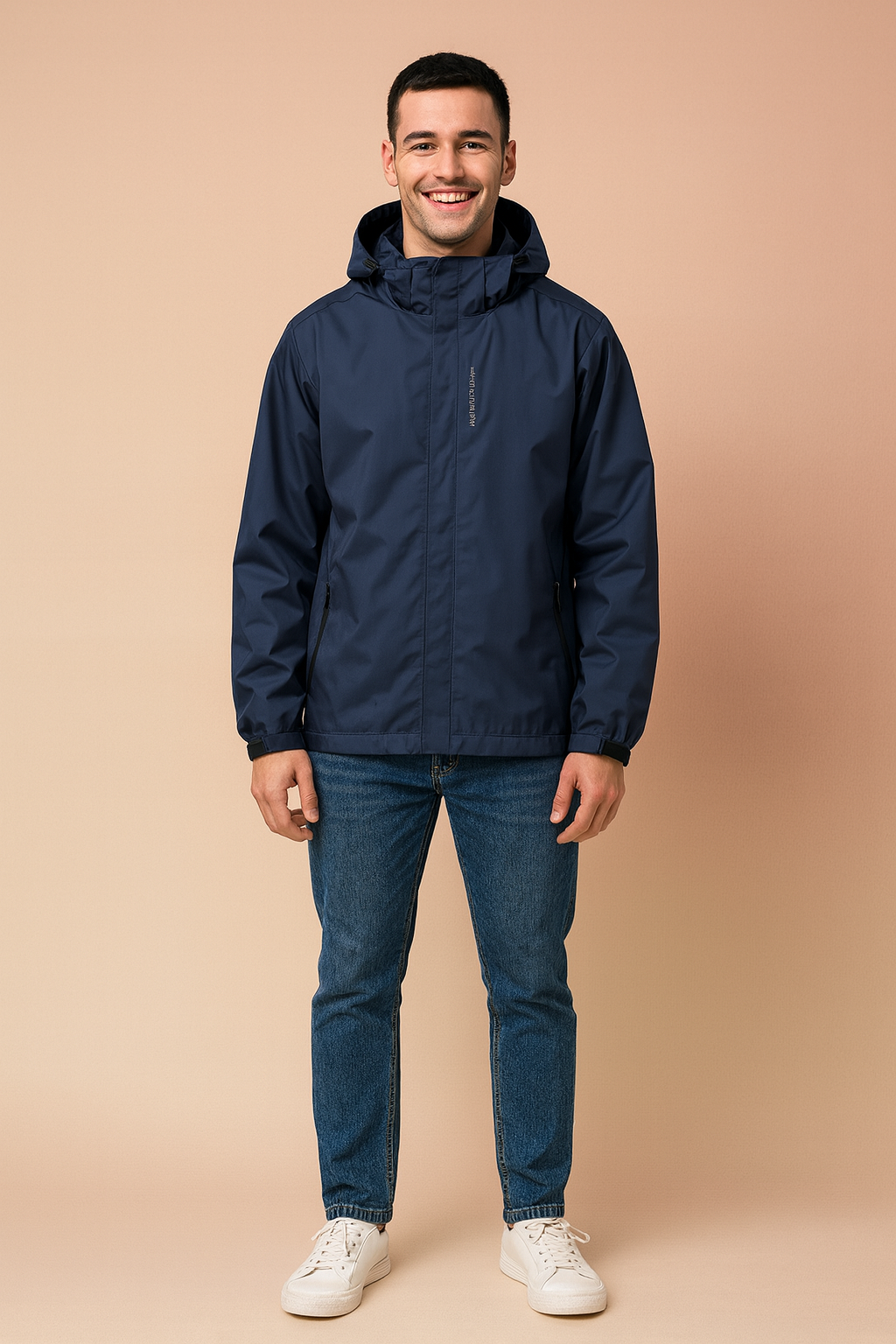 Navy blue waterproof hooded jacket with full front zip, adjustable cuffs, and side zip pockets, designed for comfort and outdoor wear.