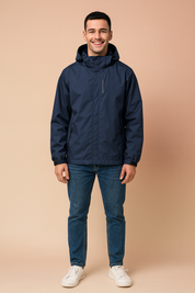 Navy blue waterproof hooded jacket with full front zip, adjustable cuffs, and side zip pockets, designed for comfort and outdoor wear.