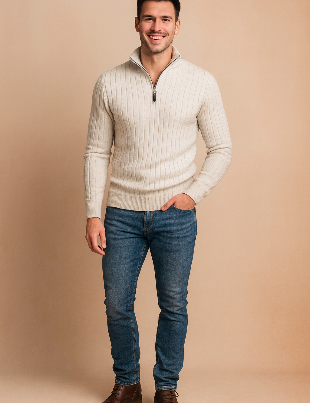 Men’s off-white ribbed knit quarter-zip sweater with high collar, tailored slim fit design, and casual long sleeves, styled for a modern smart-casual look.