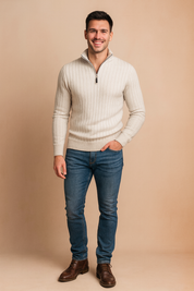 Men’s off-white ribbed knit quarter-zip sweater with high collar, tailored slim fit design, and casual long sleeves, styled for a modern smart-casual look.
