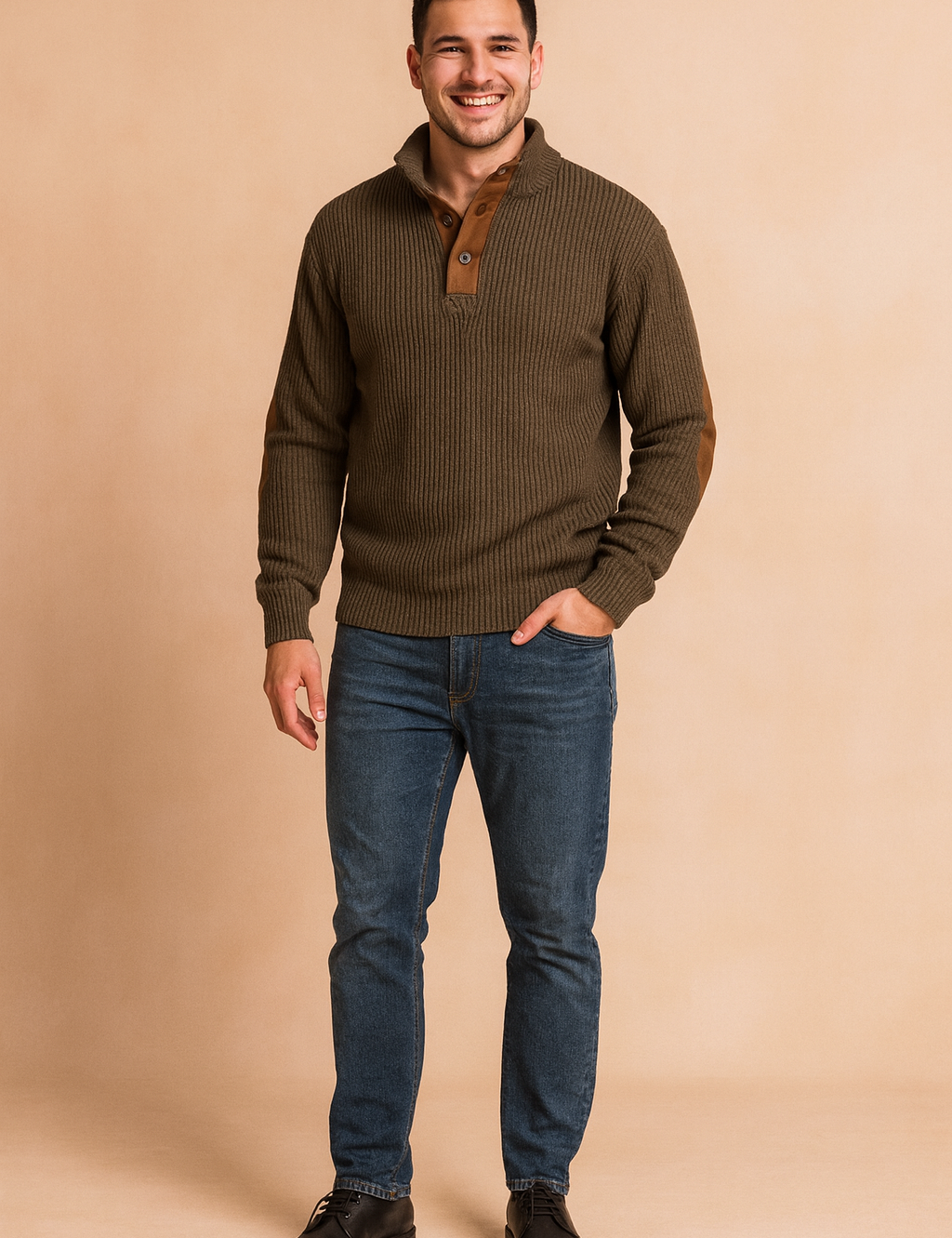 Men’s ribbed pullover sweater in olive brown with buttoned placket and suede elbow patches, designed for a stylish yet casual look.