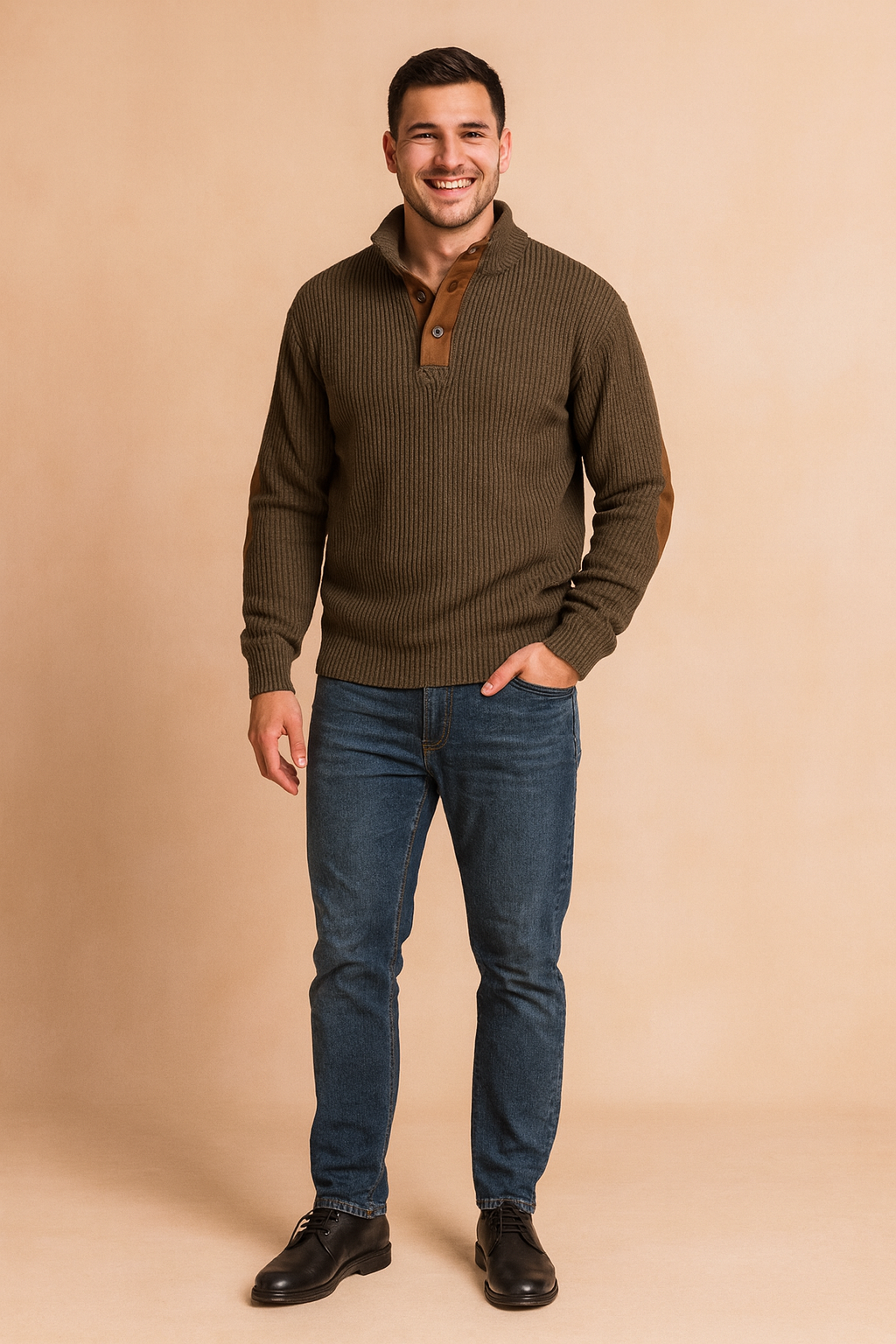 Men’s ribbed pullover sweater in olive brown with buttoned placket and suede elbow patches, designed for a stylish yet casual look.