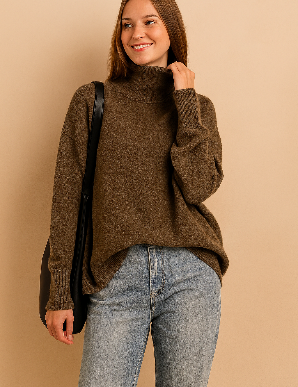 Olive brown oversized knit turtleneck sweater with ribbed cuffs and hem, styled with light-wash denim jeans and a black shoulder bag.
