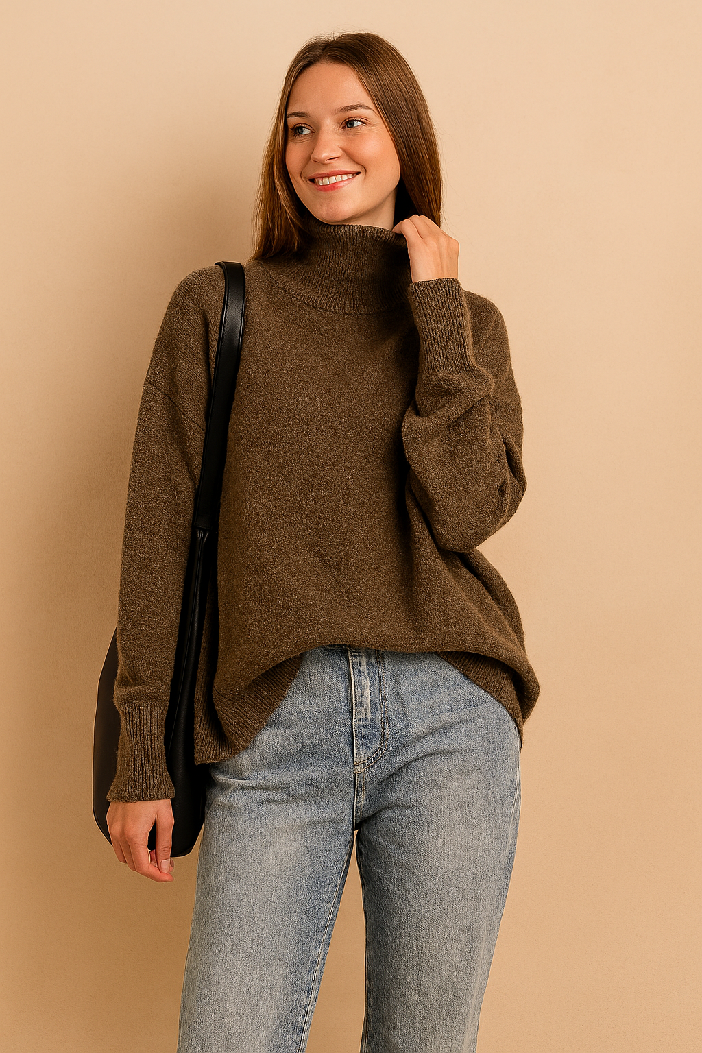 Olive brown oversized knit turtleneck sweater with ribbed cuffs and hem, styled with light-wash denim jeans and a black shoulder bag.