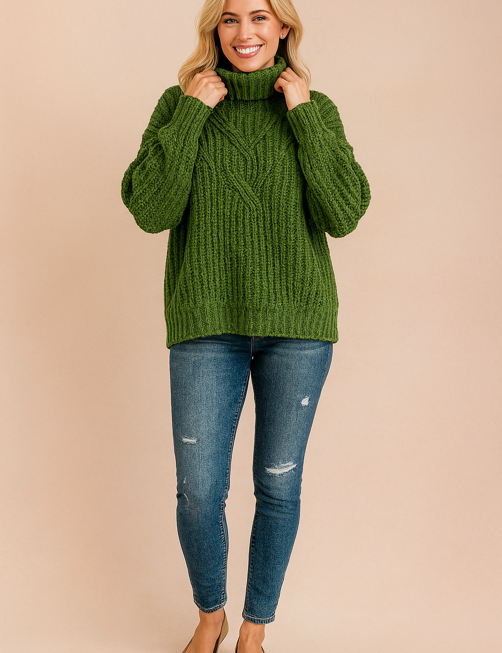 Olive green chunky cable-knit turtleneck sweater with ribbed cuffs and hem, styled with distressed blue skinny jeans and tan suede flats