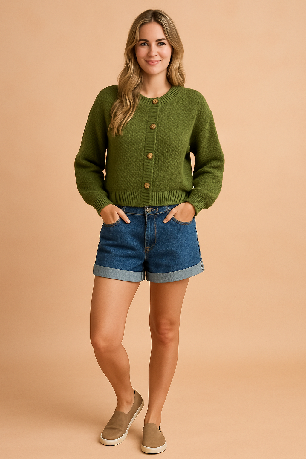 Olive green textured knit button-front cardigan with gold buttons paired with cuffed blue denim shorts and taupe slip-on shoes.
