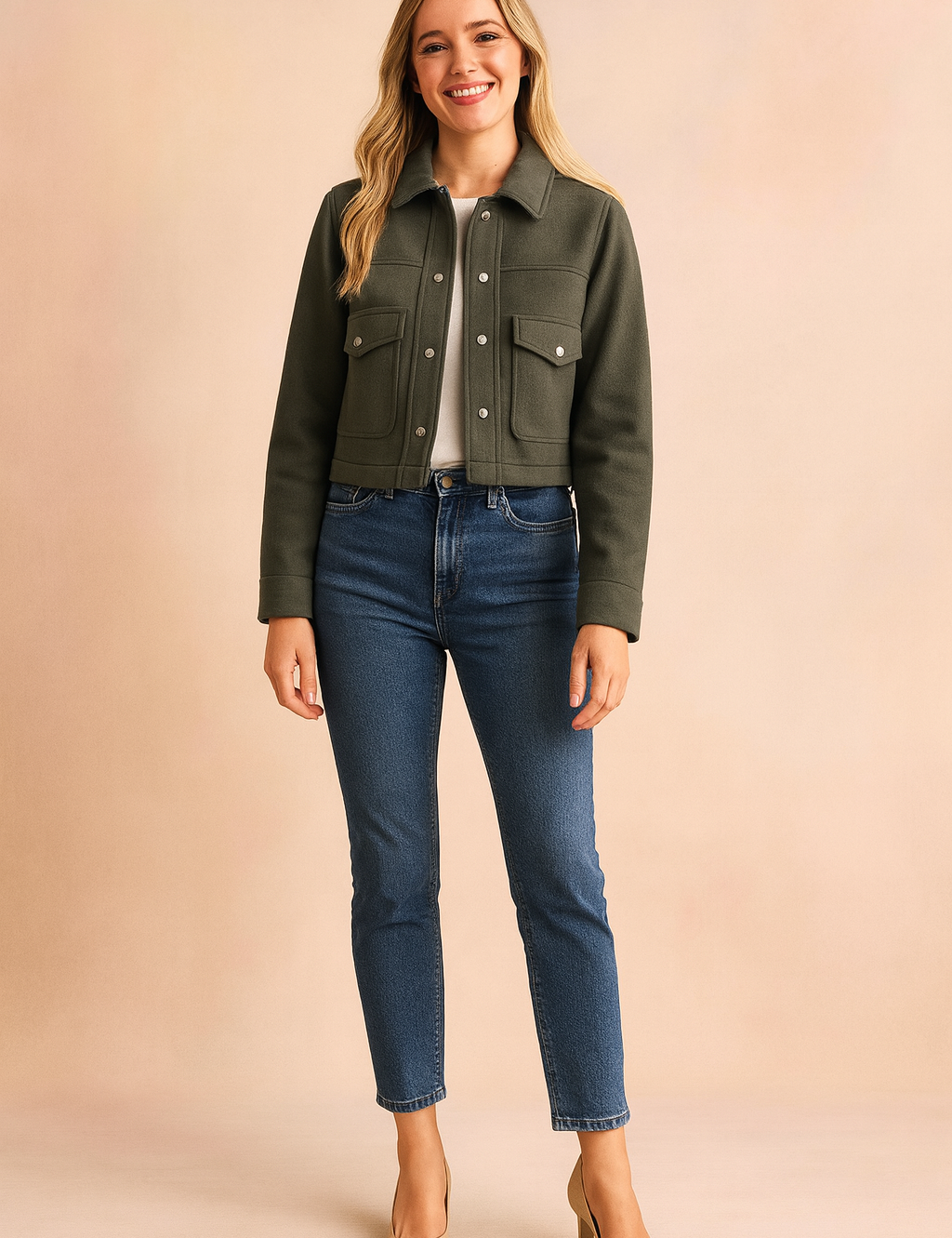 Olive green cropped button-up wool jacket with flap pockets, styled with a white tee, blue jeans, and beige heels.