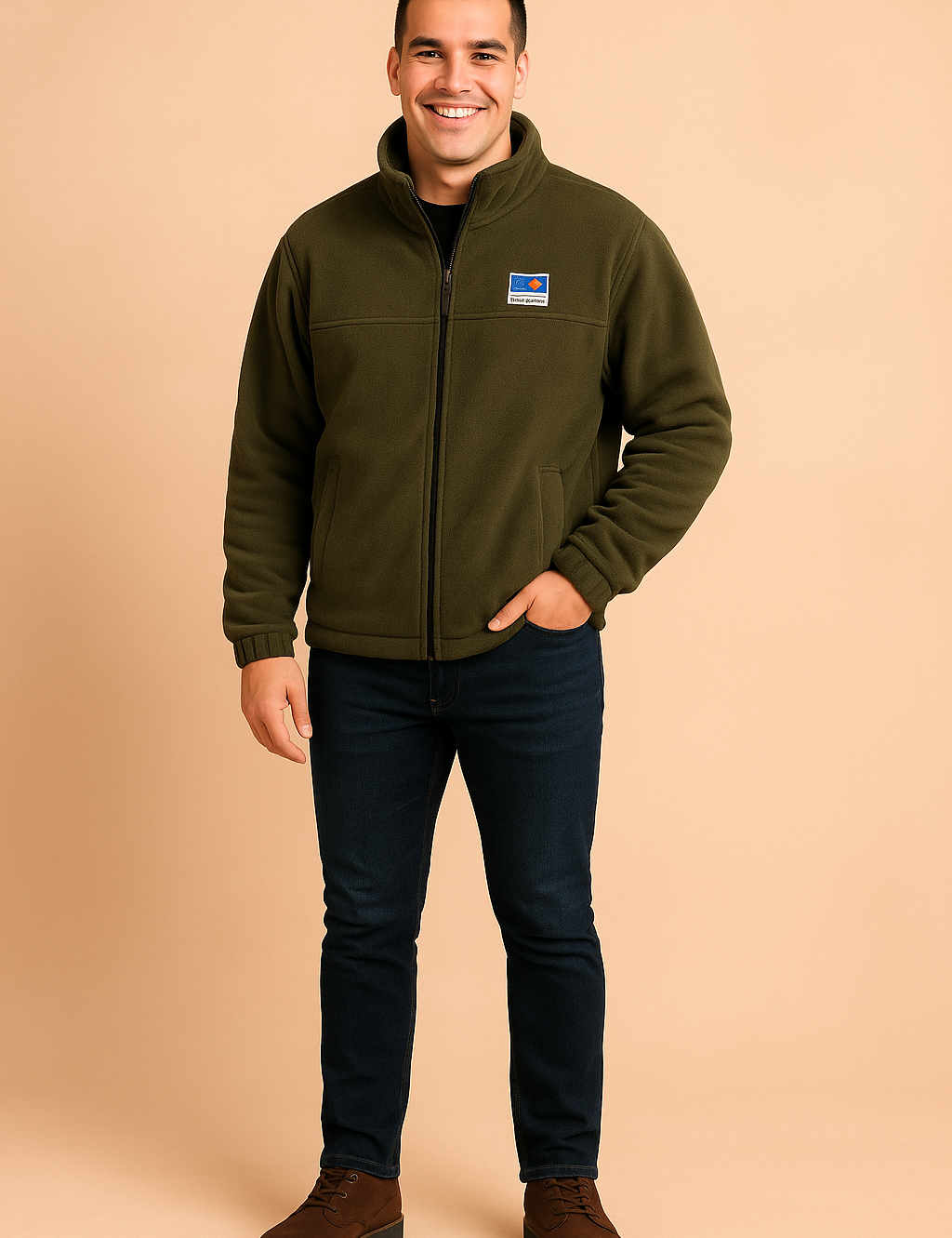 "Men's olive fleece zip-up jacket with elastic cuffs, drawstring hem, and front pockets featuring a retro embroidered patch on the chest – perfect for casual outdoor wear."