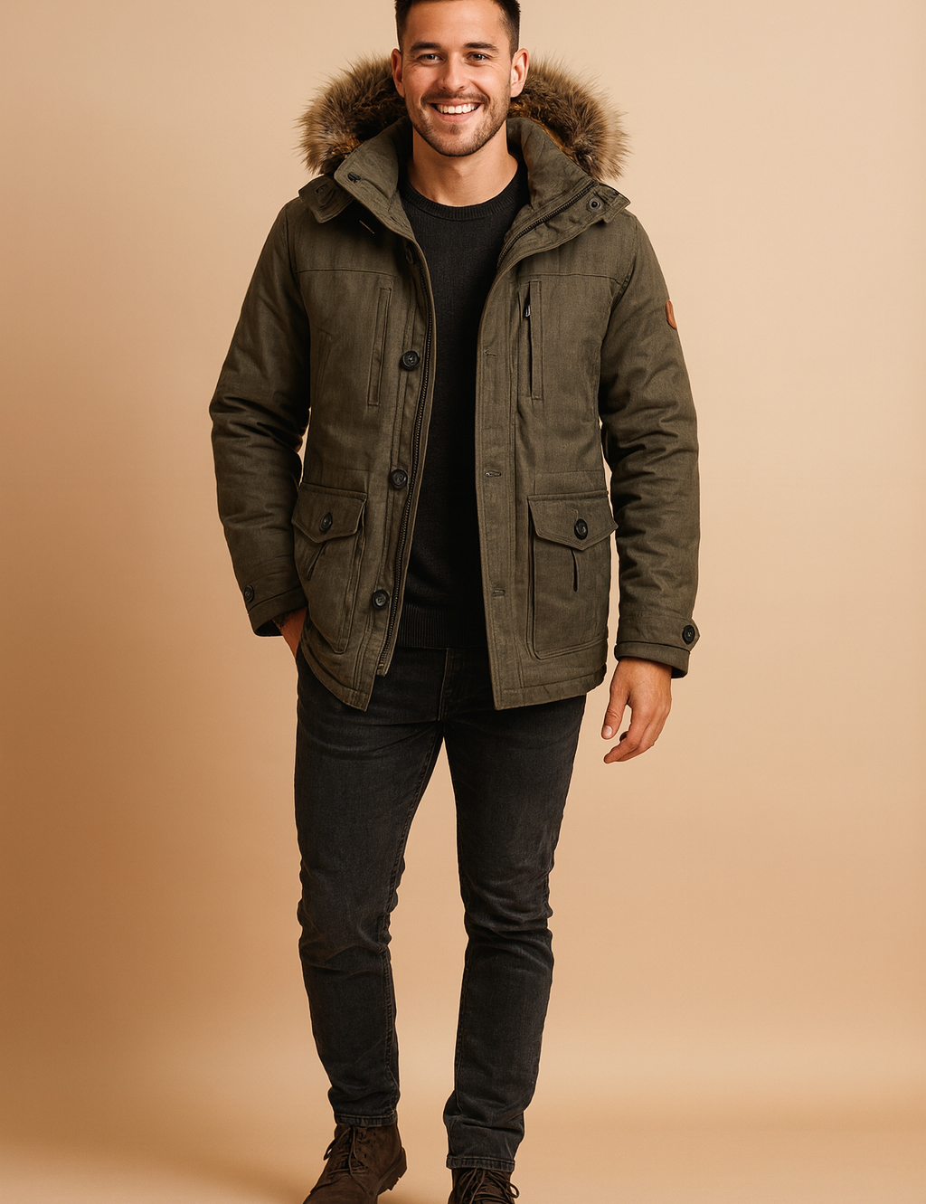 Olive green winter parka jacket with faux fur-lined hood, button and zip closures, and plush brown thermal lining – designed for ultimate cold-weather protection and rugged outdoor style.