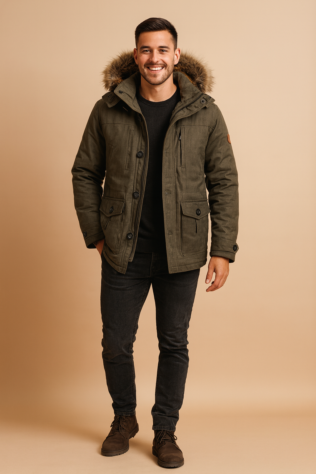 Olive green winter parka jacket with faux fur-lined hood, button and zip closures, and plush brown thermal lining – designed for ultimate cold-weather protection and rugged outdoor style.