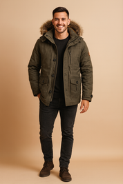 Olive green winter parka jacket with faux fur-lined hood, button and zip closures, and plush brown thermal lining – designed for ultimate cold-weather protection and rugged outdoor style.