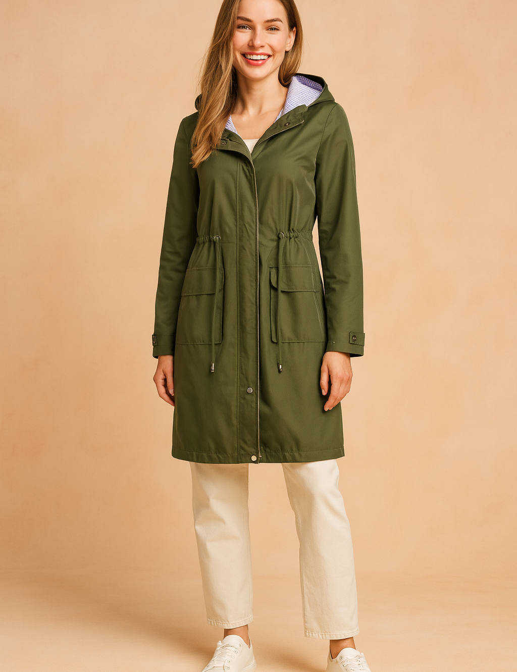 Olive green hooded raincoat with striped lining, front drawstring waist, flap pockets, and button details, styled with cream trousers and white sneakers.