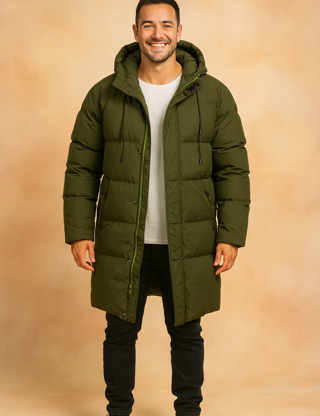 Men’s long padded parka coat in deep olive green with hood, front zipper closure, and insulated design for winter warmth.