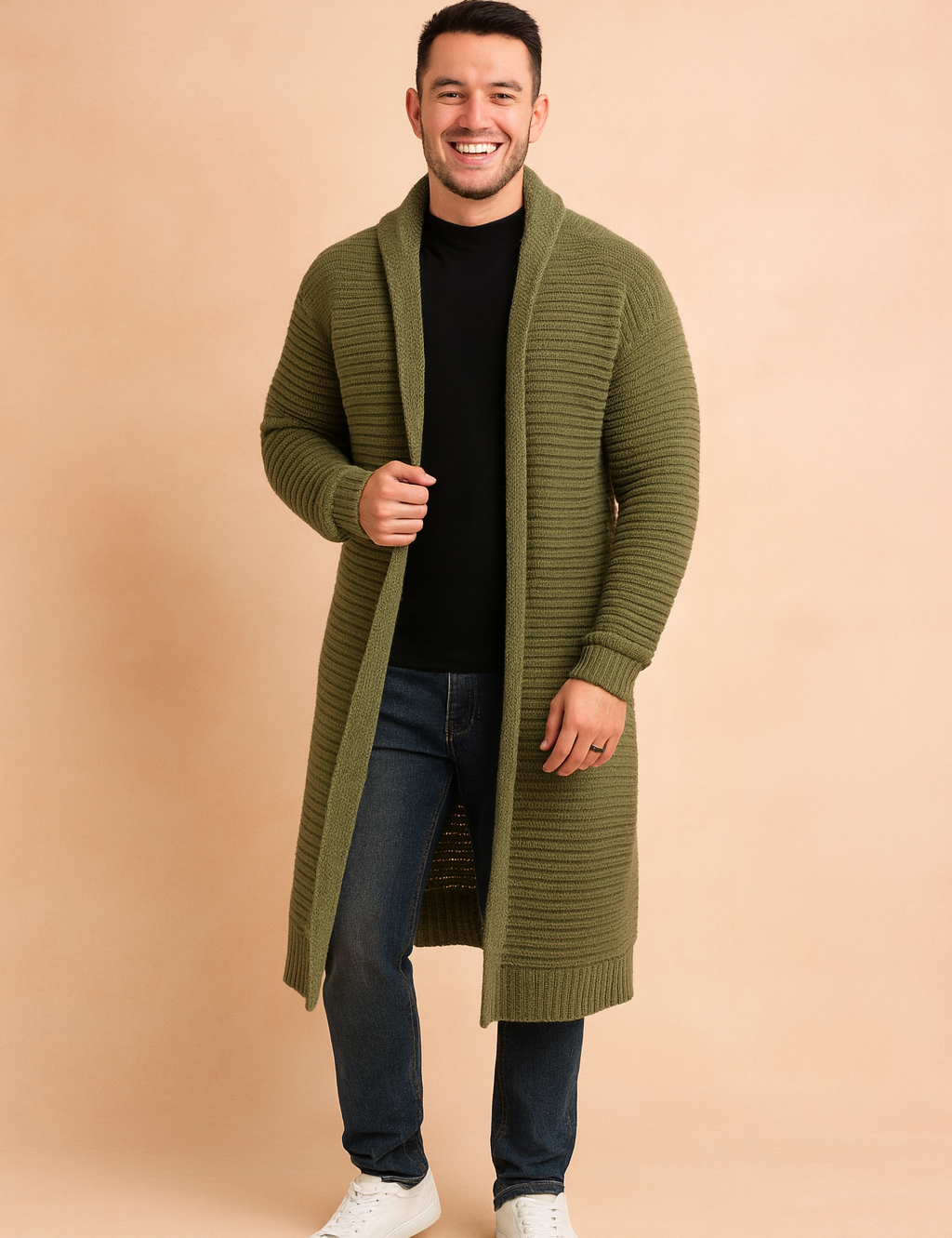Ribbed longline olive-green cardigan with open front design, paired with a black crew-neck shirt and dark jeans for a sleek, urban layering style.