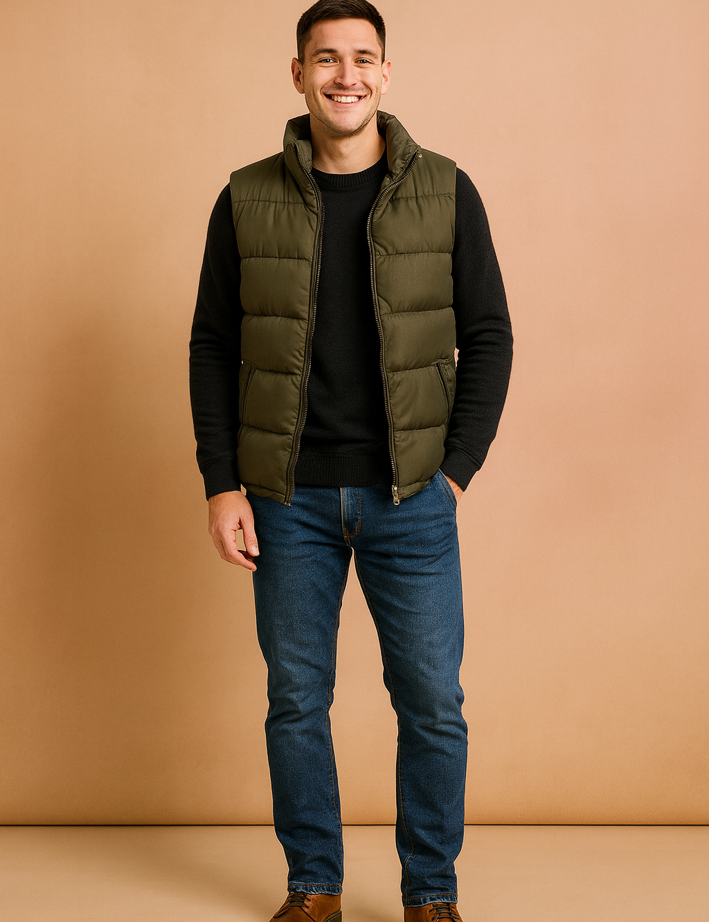 Men’s olive green quilted puffer vest with front zipper closure and two side zip pockets, designed for casual winter wear, featuring precise stitching and durable fabric for warmth and comfort