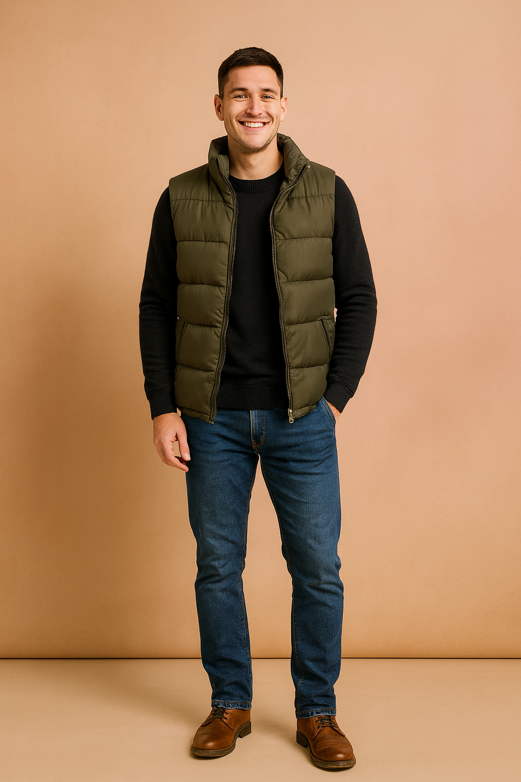 Men’s olive green quilted puffer vest with front zipper closure and two side zip pockets, designed for casual winter wear, featuring precise stitching and durable fabric for warmth and comfort