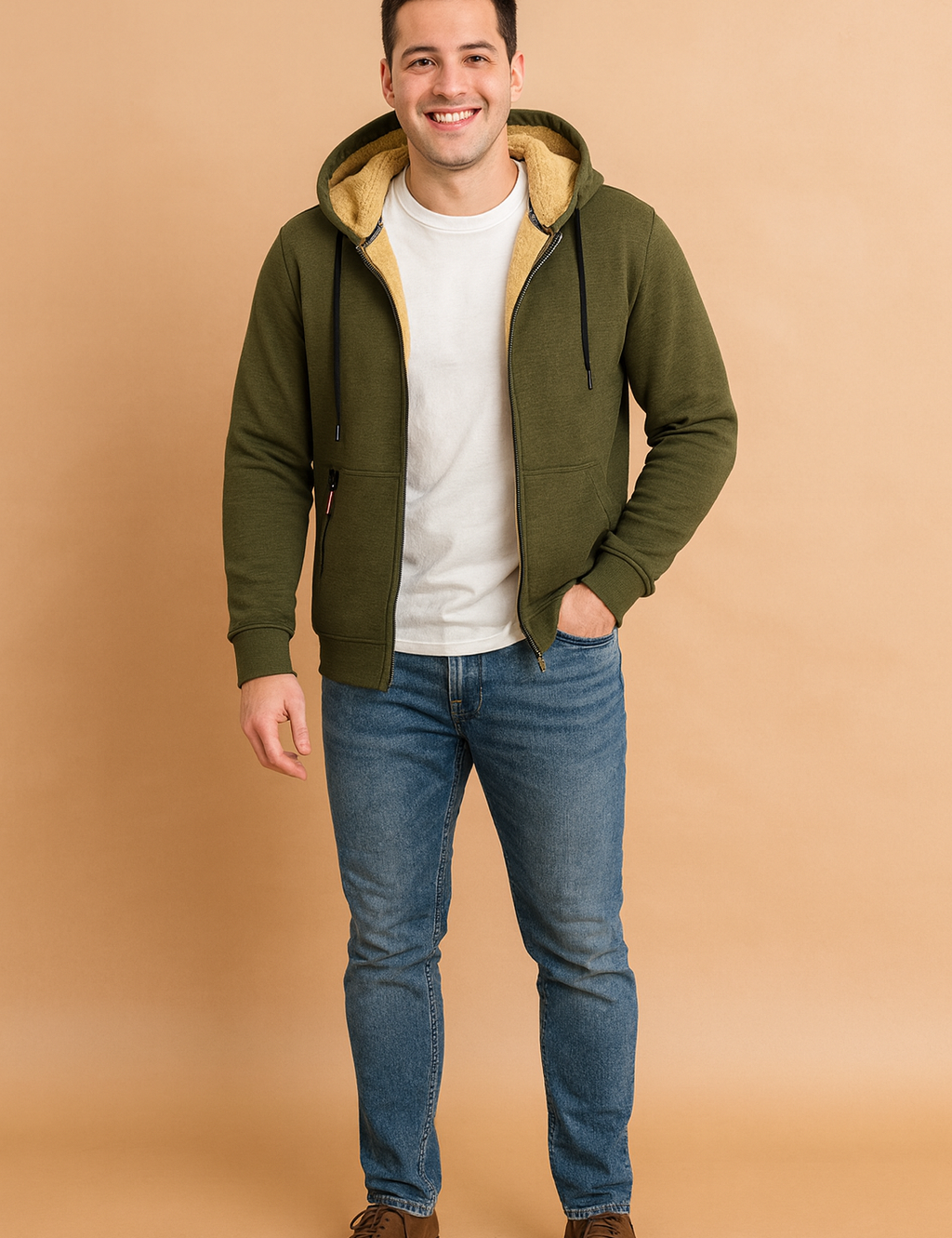 Olive green sherpa-lined zip hoodie with drawstrings, front pockets, and cozy cream fleece interior, styled with jeans and brown suede shoes for a casual look.