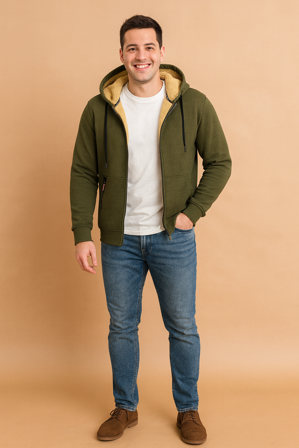 Olive green sherpa-lined zip hoodie with drawstrings, front pockets, and cozy cream fleece interior, styled with jeans and brown suede shoes for a casual look.