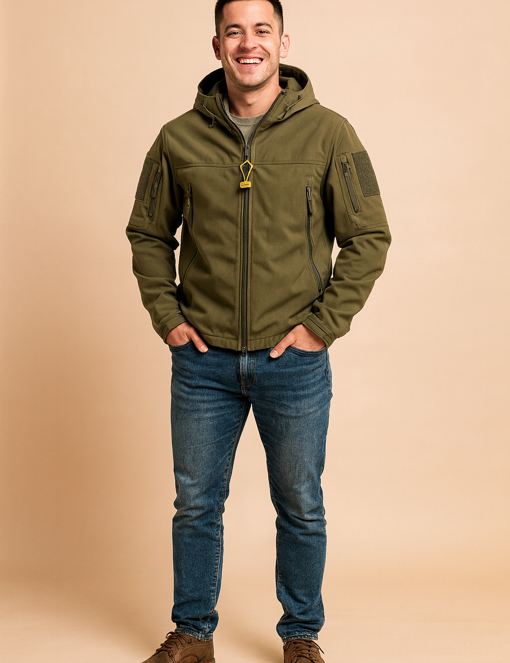 Olive green tactical hooded jacket with multiple zippered pockets, Velcro arm patches, and adjustable cuffs, styled for outdoor and casual wear.