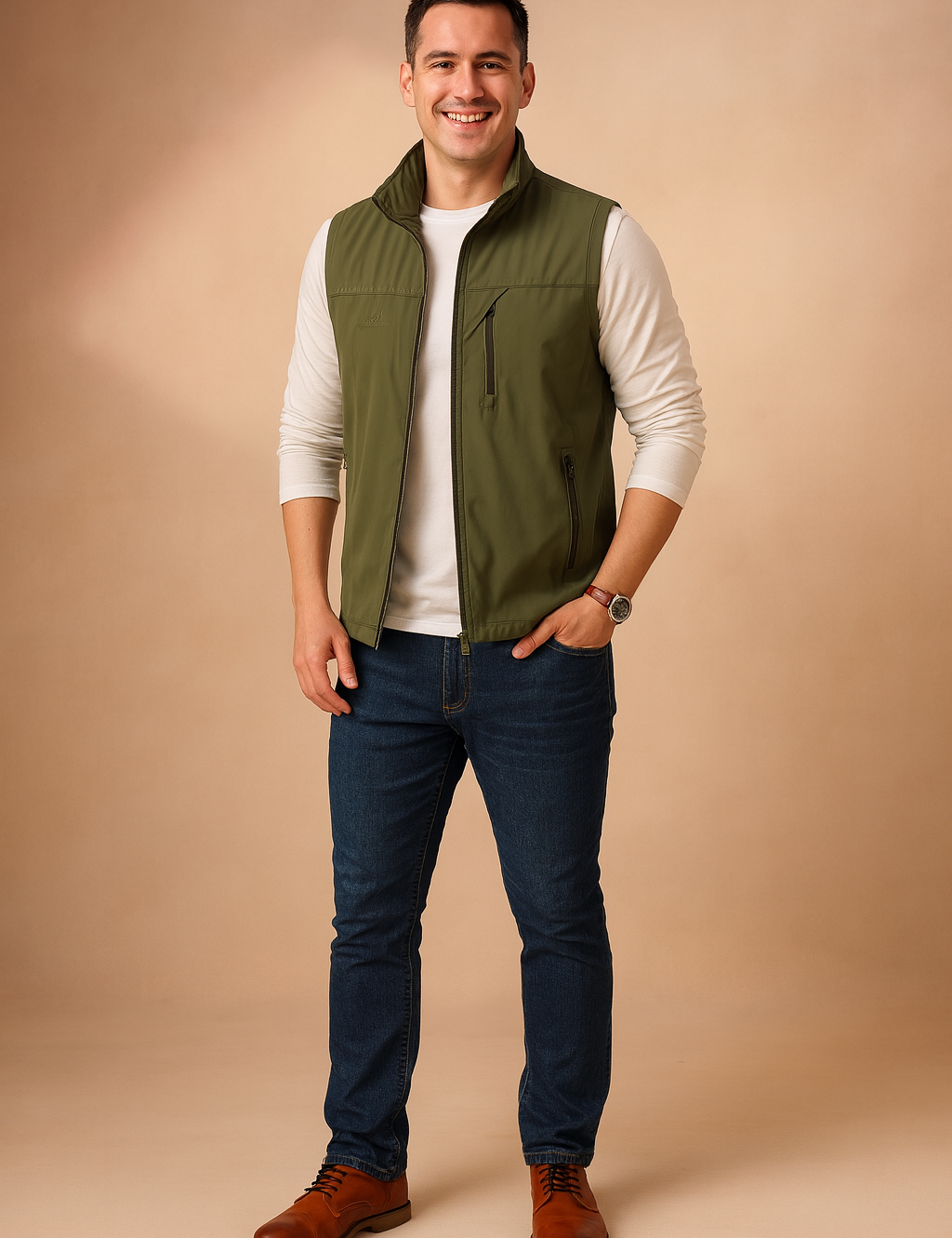 Men’s olive green zippered vest paired with a white long-sleeve shirt and dark blue jeans, featuring multiple front zipper pockets and a sleek casual design