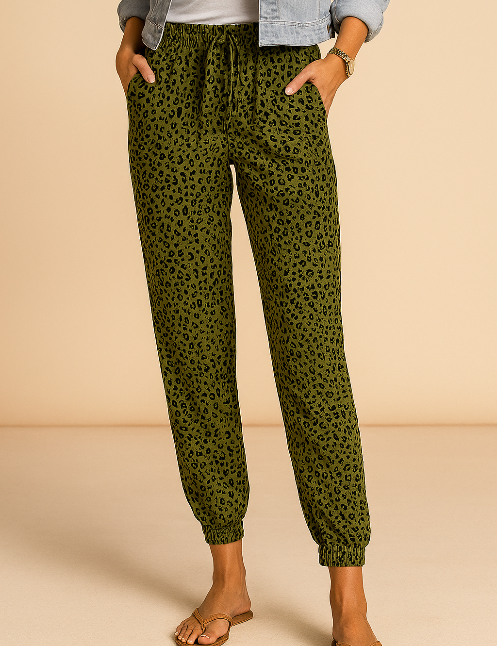 Olive green jogger pants with a black leopard print, elastic waistband and ankle cuffs, styled casually with a denim jacket and flat sandals.