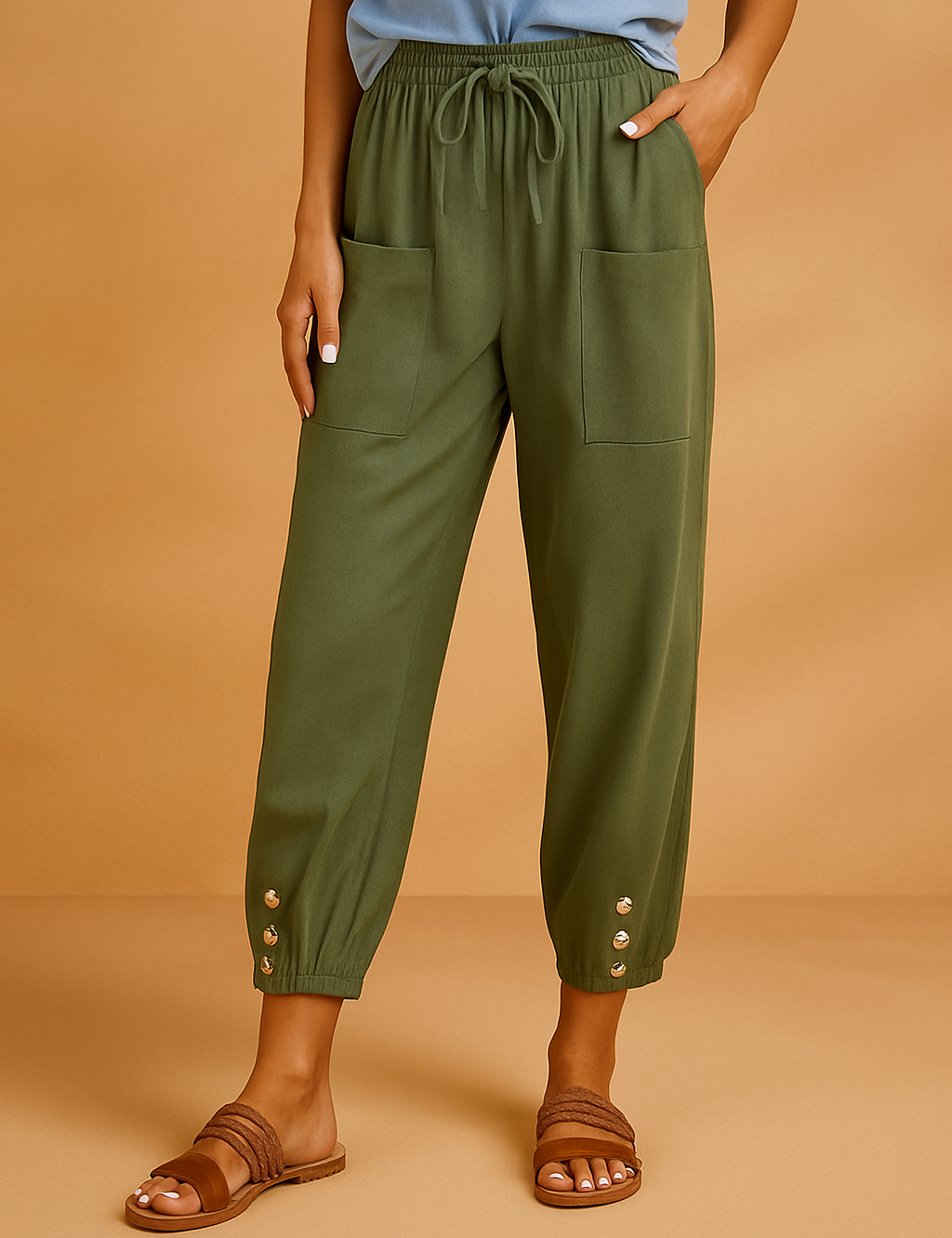 Olive green cropped linen pants with a drawstring waist, oversized front patch pockets, and silver button cuffs at the ankles, styled with woven brown sandals.
