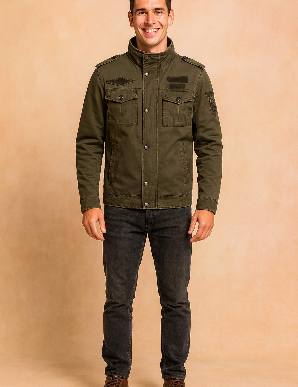 Men's military-style olive green jacket with high collar, buttoned epaulets, chest flap pockets, and arm patch detailing