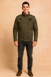 Men's military-style olive green jacket with high collar, buttoned epaulets, chest flap pockets, and arm patch detailing