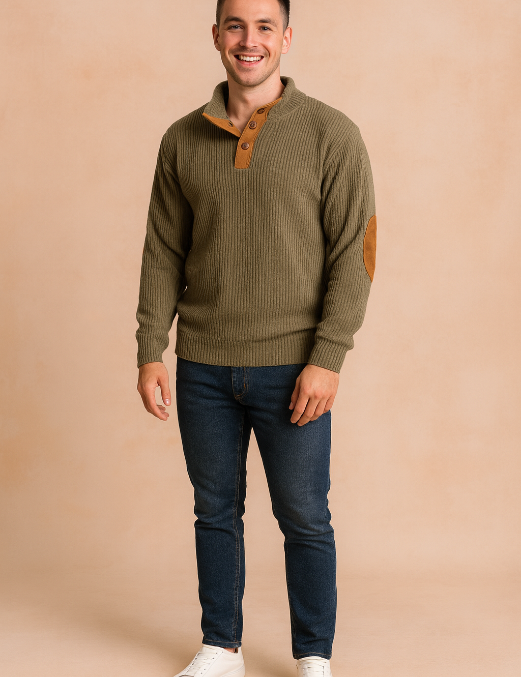 Men’s olive green ribbed pullover sweater with buttoned placket and brown suede elbow patches, styled with dark blue jeans and white sneakers.