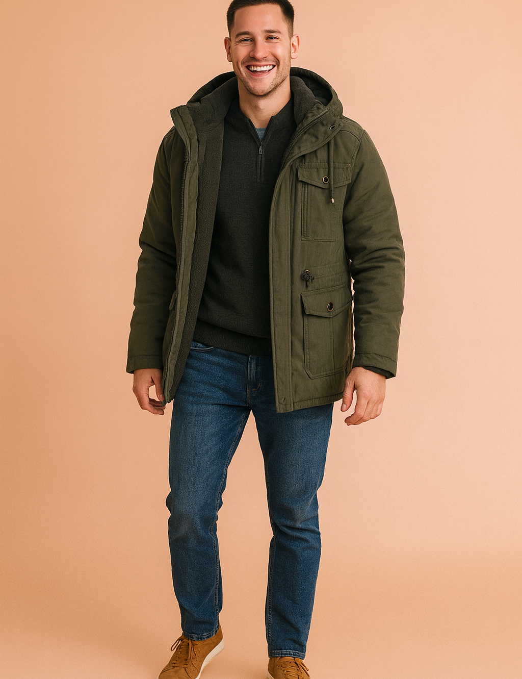 Olive green winter parka jacket with fleece lining, multi-pocket design, toggle details, and a zip-up front, tailored for cold-weather comfort and modern utility style.