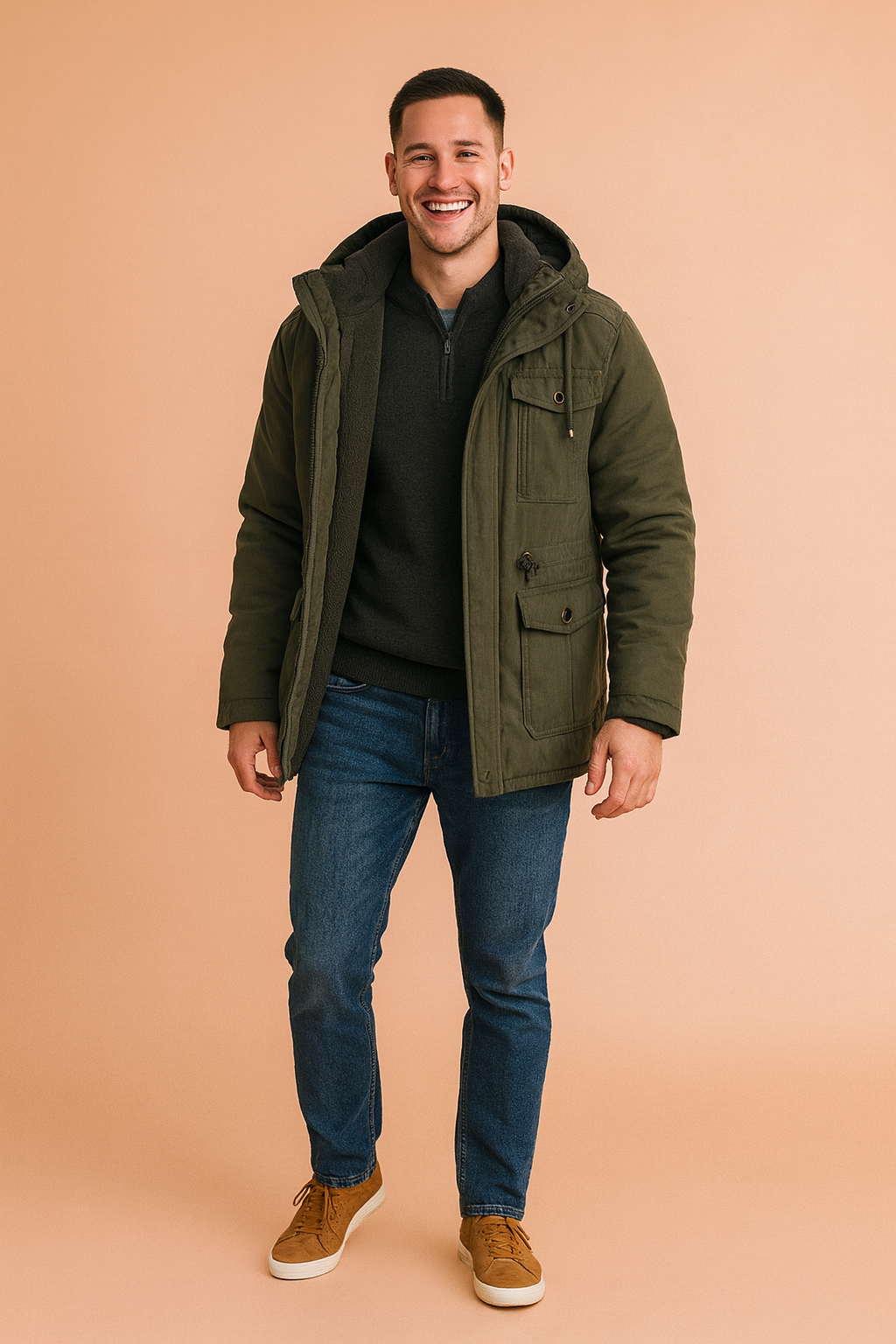 Olive green winter parka jacket with fleece lining, multi-pocket design, toggle details, and a zip-up front, tailored for cold-weather comfort and modern utility style.