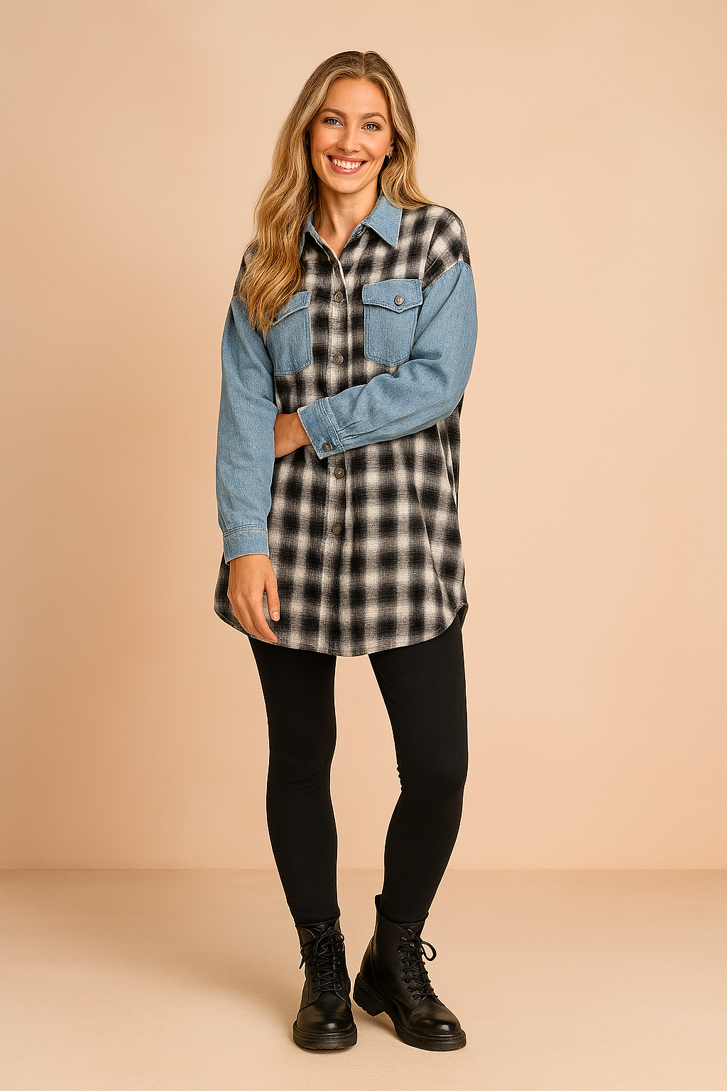Oversized black and white plaid shirt with denim sleeves and front flap pocket, styled with black leggings and lace-up combat boots.
