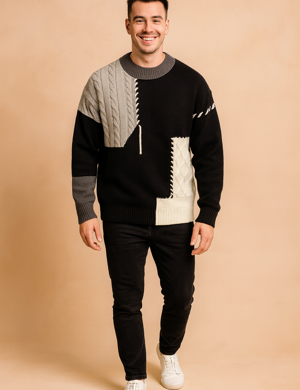 Men’s patchwork knit sweater with black, grey, and white color blocks featuring cable-knit and quilted textures, designed with visible stitch details for a bold, modern style.
