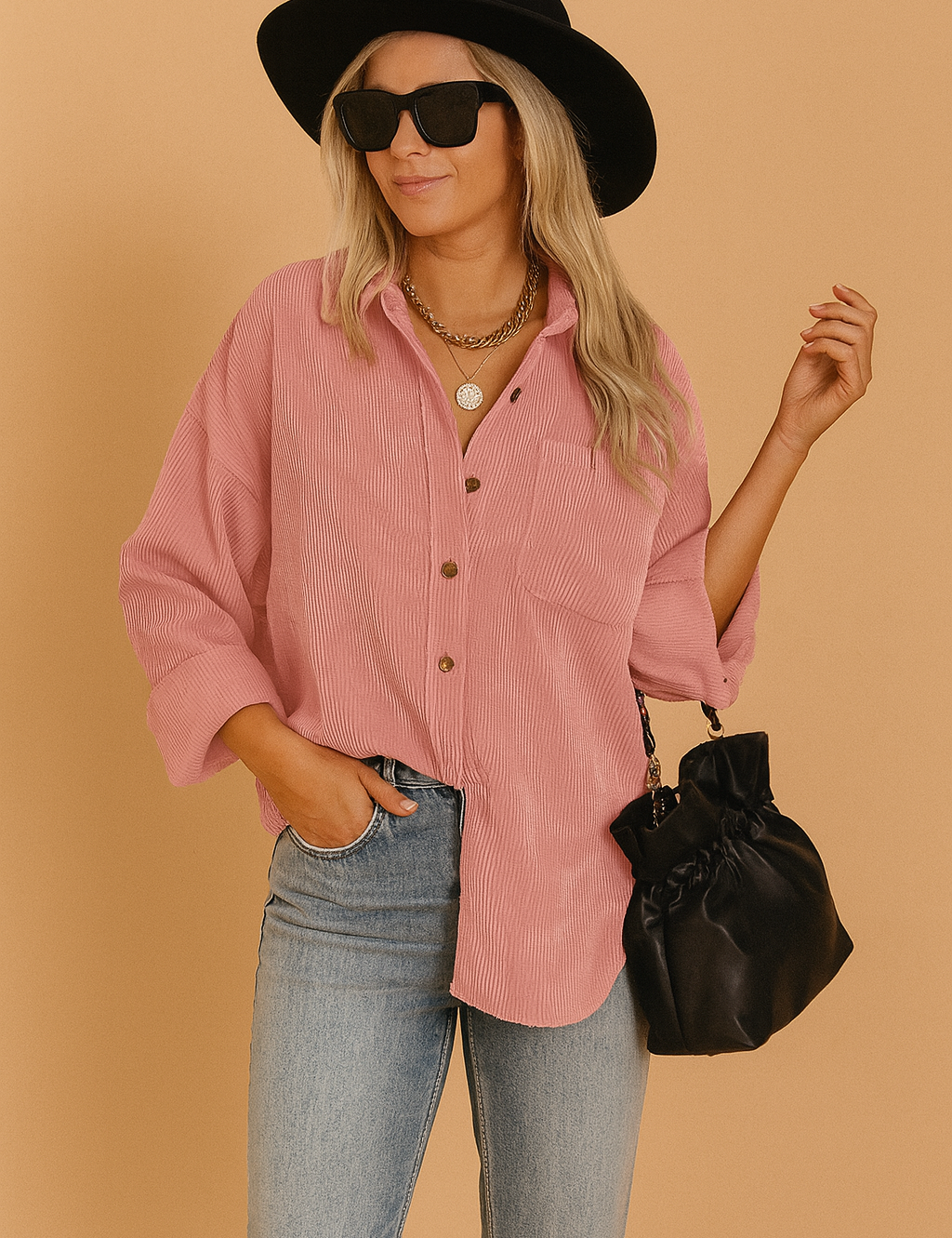 Oversized pink corduroy button-up shirt with chest pocket and rolled sleeves, styled with light wash denim jeans and accessorized with layered gold chains and a black drawstring handbag.